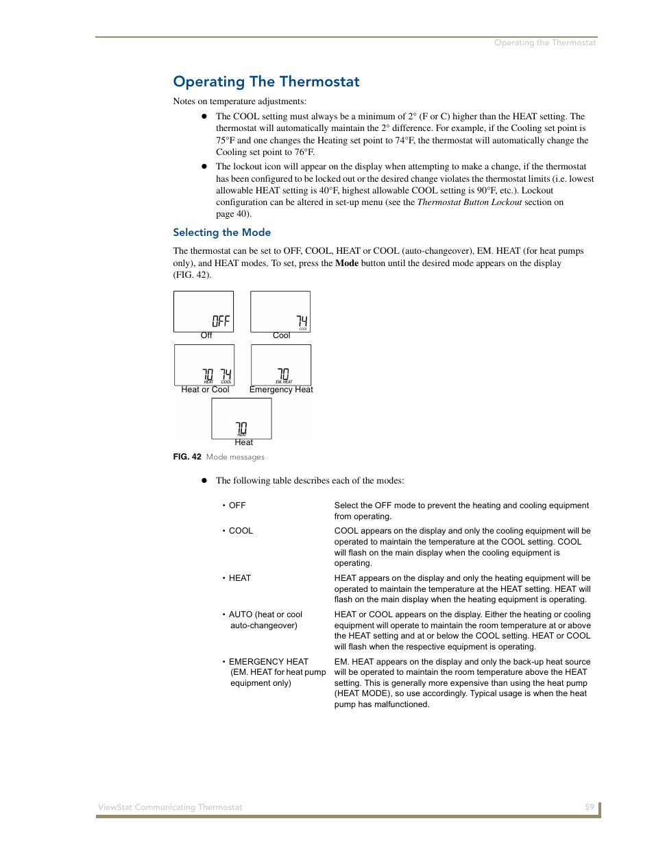 Operating the thermostat, Selecting the mode | AMX ViewStat User Manual | Page 65 / 68