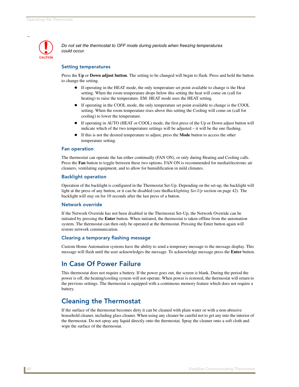 Setting temperatures, Fan operation, Backlight operation | Network override, Clearing a temporary flashing message, In case of power failure, Cleaning the thermostat | AMX ViewStat User Manual | Page 66 / 68