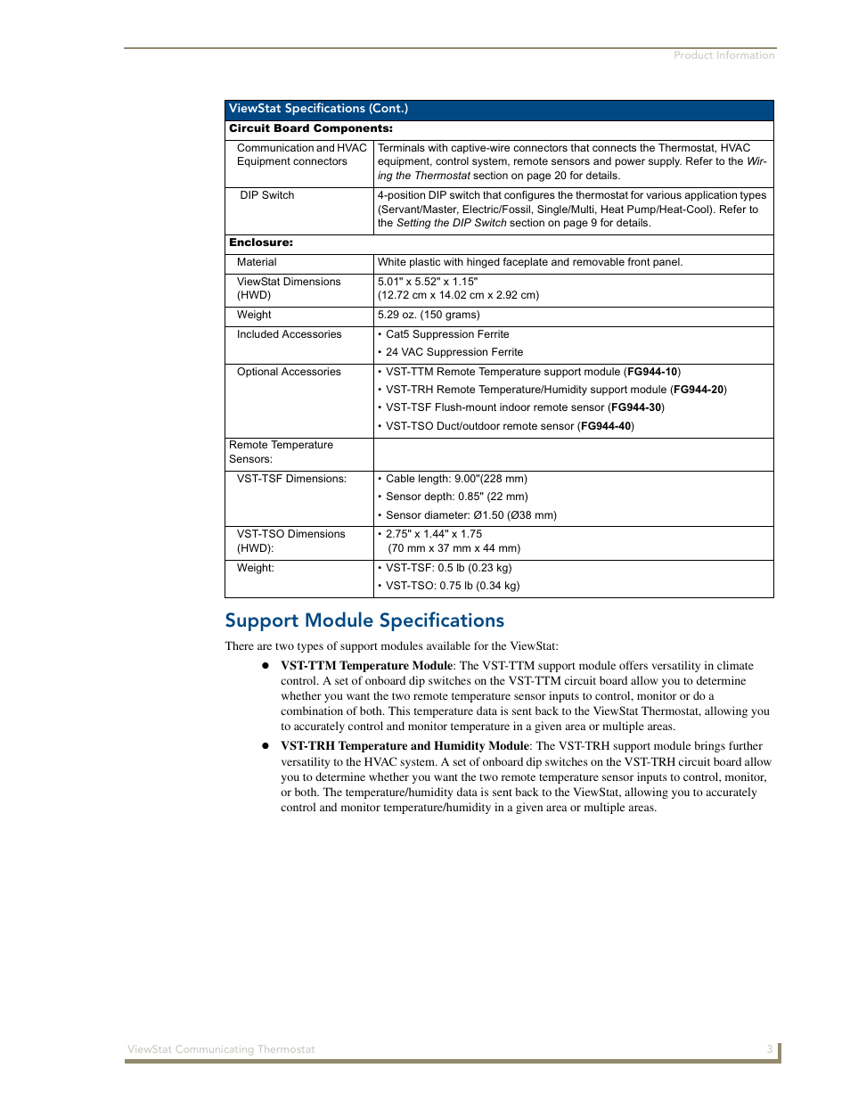 Support module specifications | AMX ViewStat User Manual | Page 9 / 68