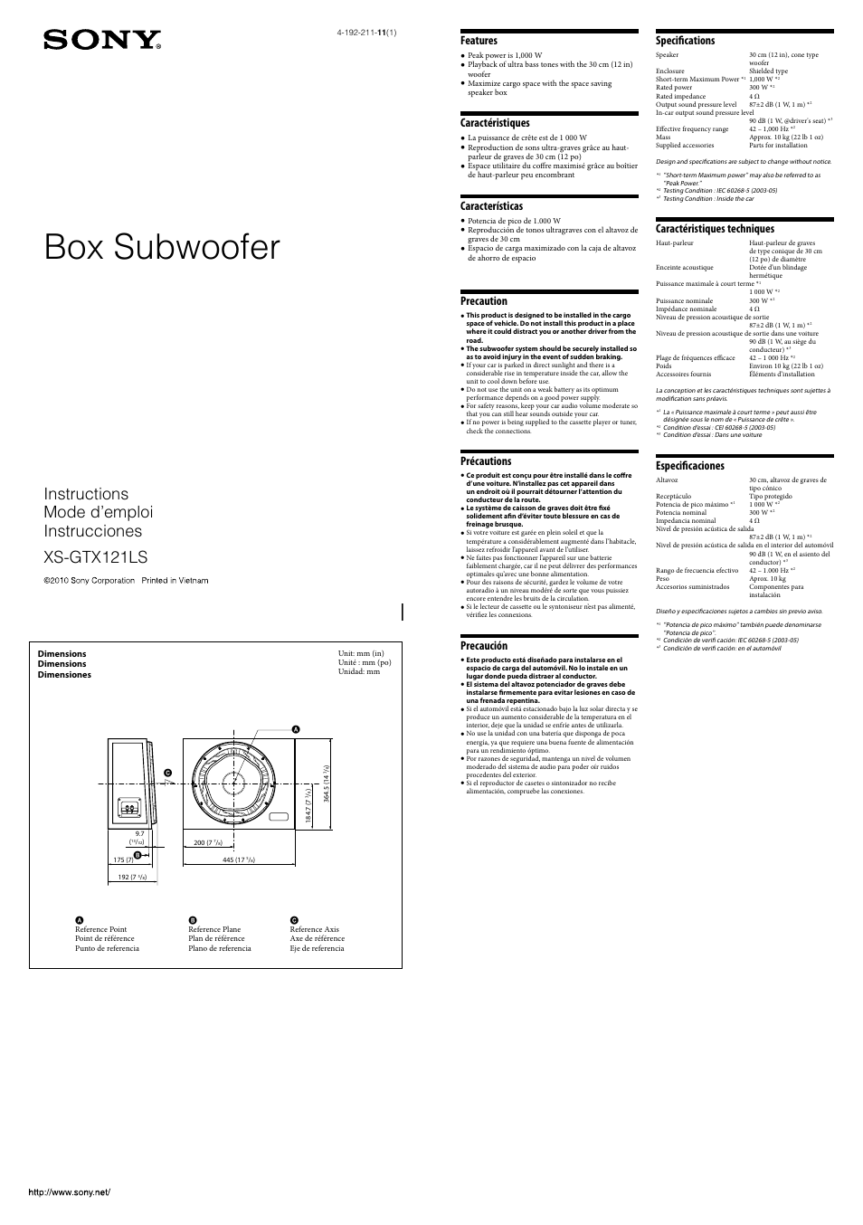 Sony XS-GTX121LS User Manual | 2 pages