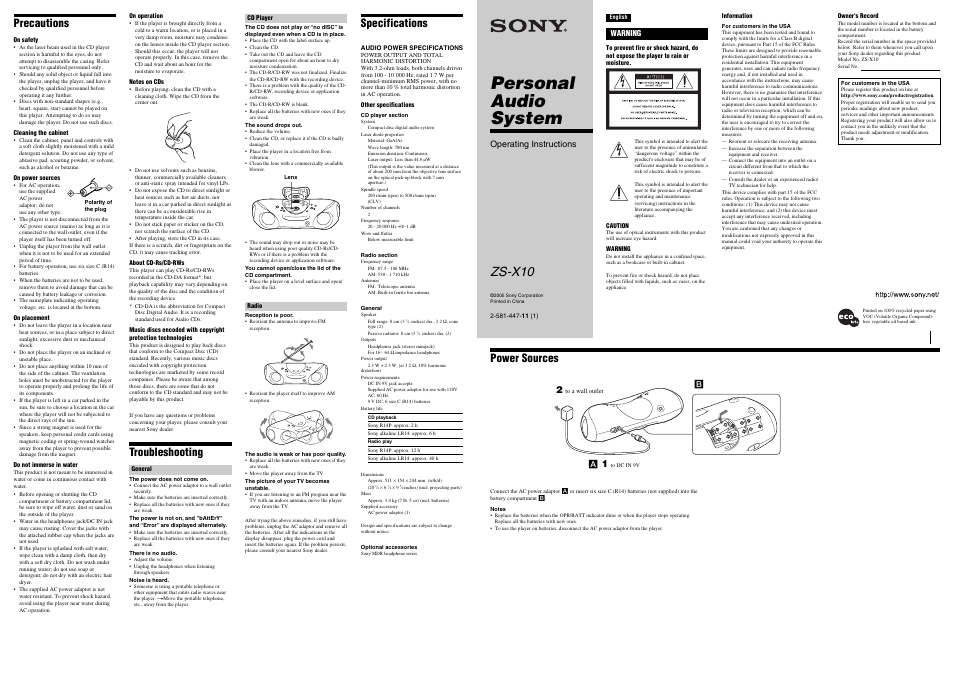 Sony ZS-X10 User Manual | 2 pages