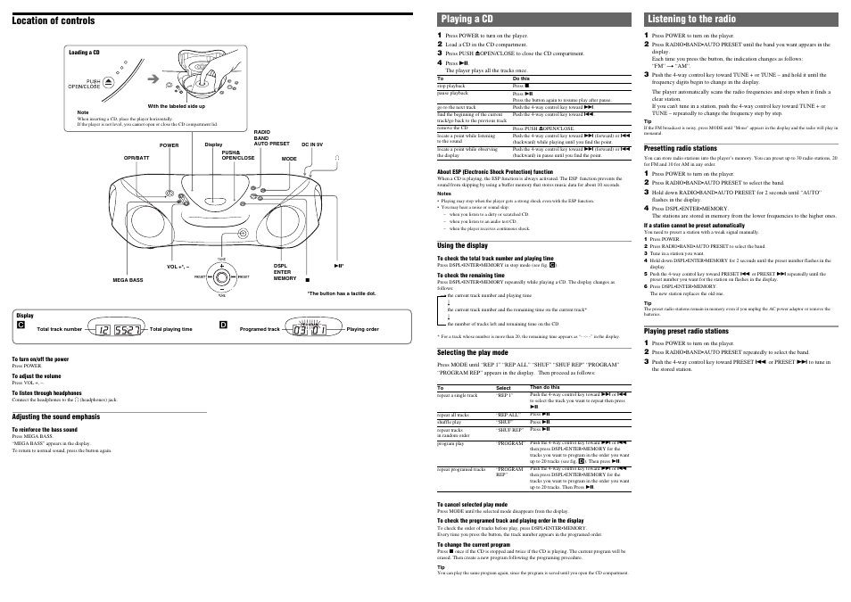 Listening to the radio, Location of controls playing a cd | Sony ZS-X10 User Manual | Page 2 / 2