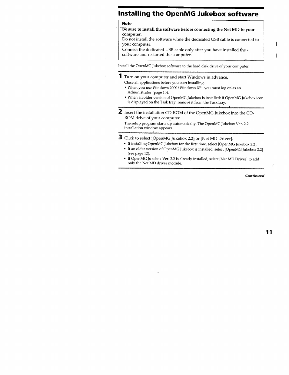 Installing the openmg jukebox software, Rom drive of your computer | Sony MZ-N707 User Manual | Page 11 / 41