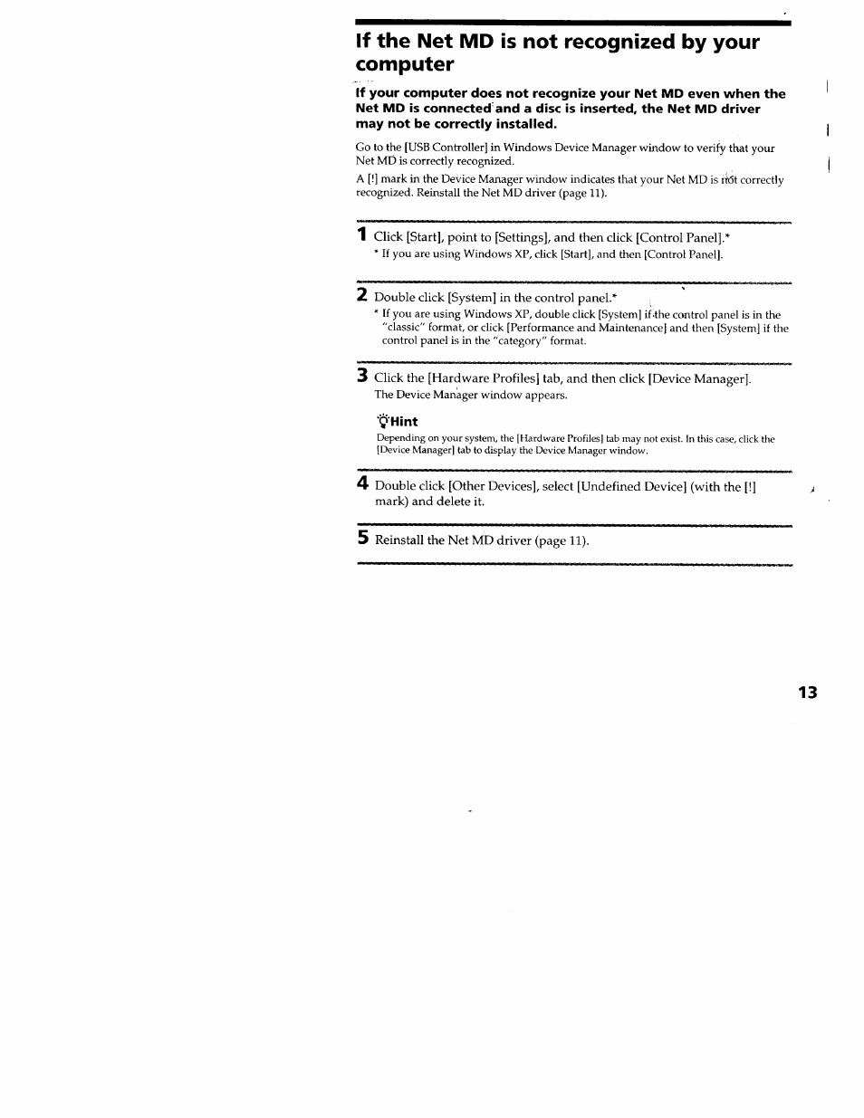 If the net md is not recognized by your computer, 2 double click [system] in the control panel | Sony MZ-N707 User Manual | Page 13 / 41