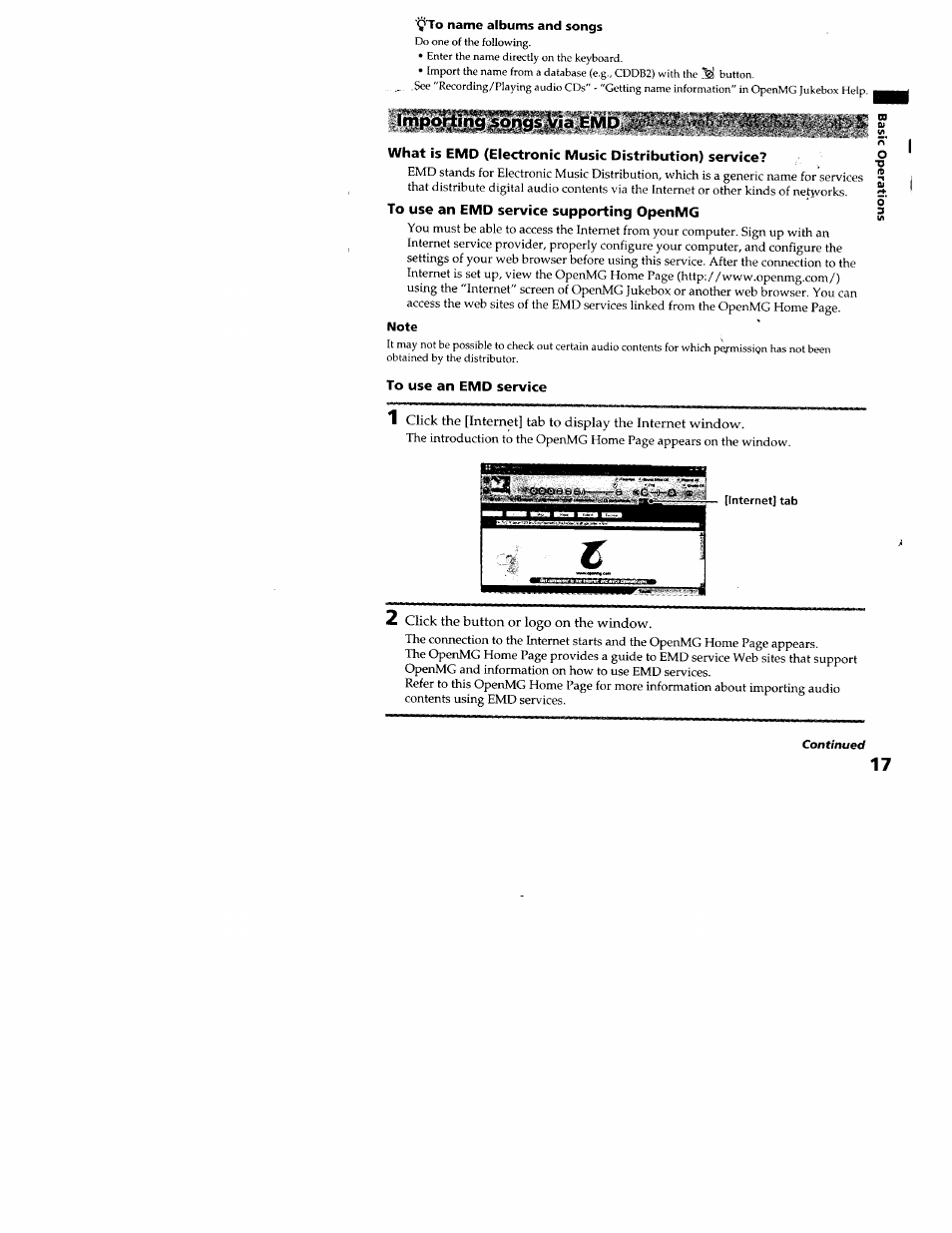 To use an emd service supporting openmg, To use an emd service, Click the button or logo on the window | Lmpo;^ing.soi | Sony MZ-N707 User Manual | Page 17 / 41