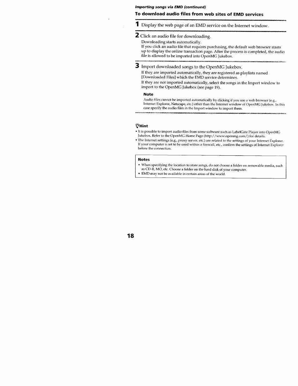 2 click an audio file for downloading, 3 import downloaded songs to the openmg jukebox, Note | Notes | Sony MZ-N707 User Manual | Page 18 / 41