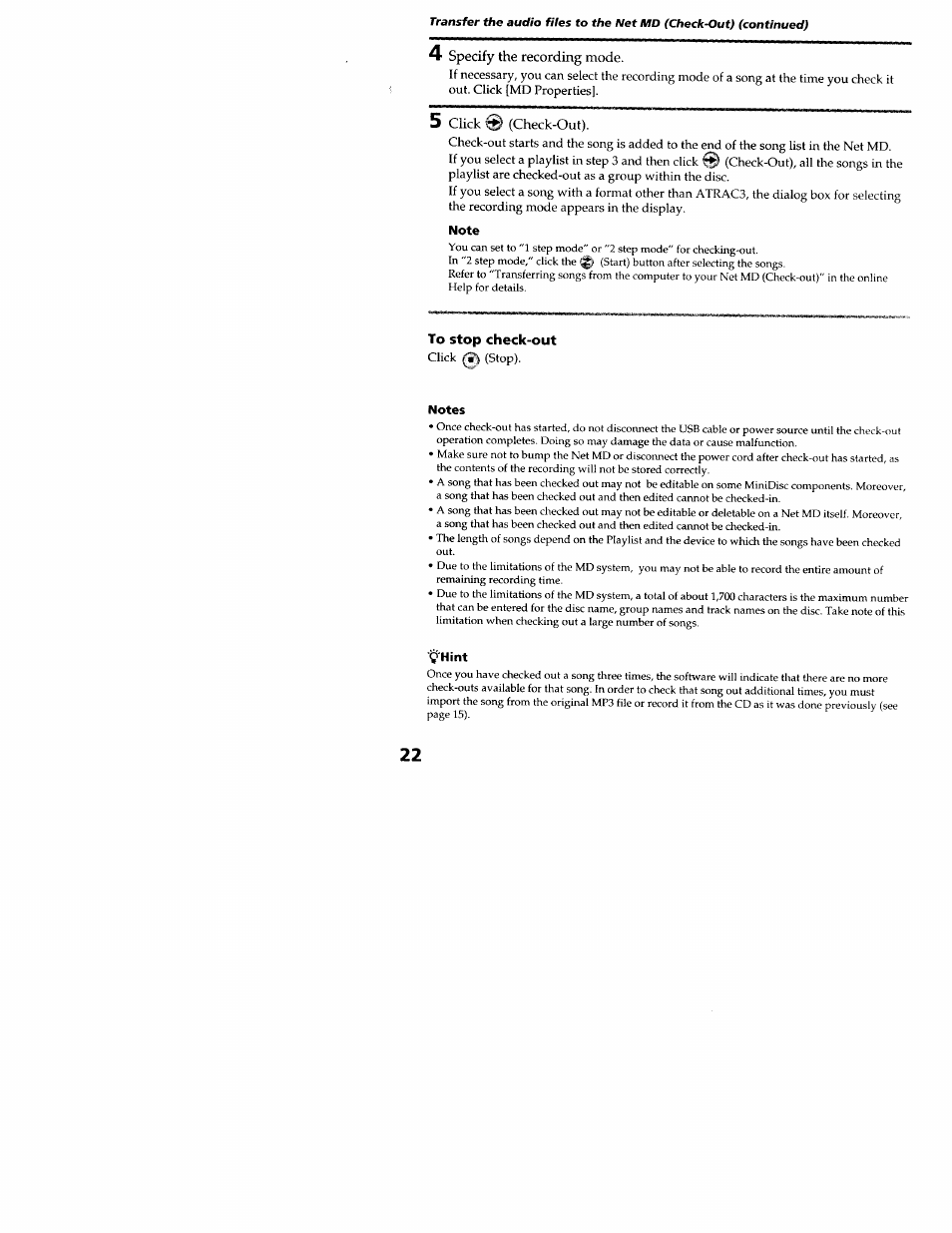 4 specify the recording mode, 5 click (check-out), To stop check-out | Sony MZ-N707 User Manual | Page 22 / 41