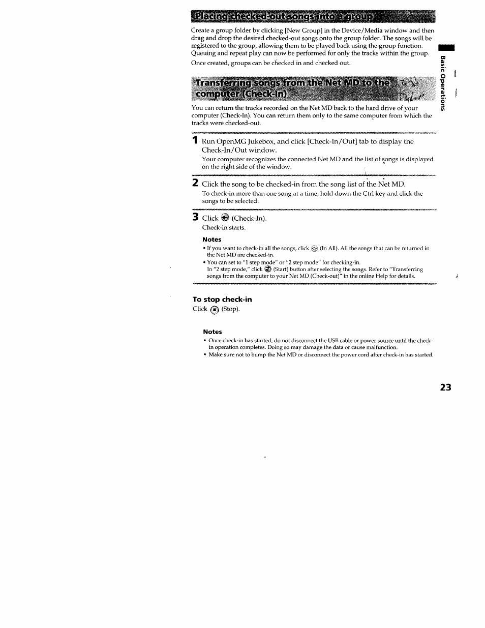 Transferringvonwiron, Computsta«dc-in) r-. ;it fe, 3 click ® (check-in) | Notes, To stop check-in | Sony MZ-N707 User Manual | Page 23 / 41