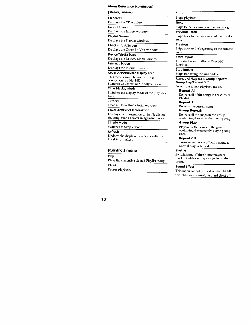 View] menu, Control] menu, Piay | Pause | Sony MZ-N707 User Manual | Page 32 / 41