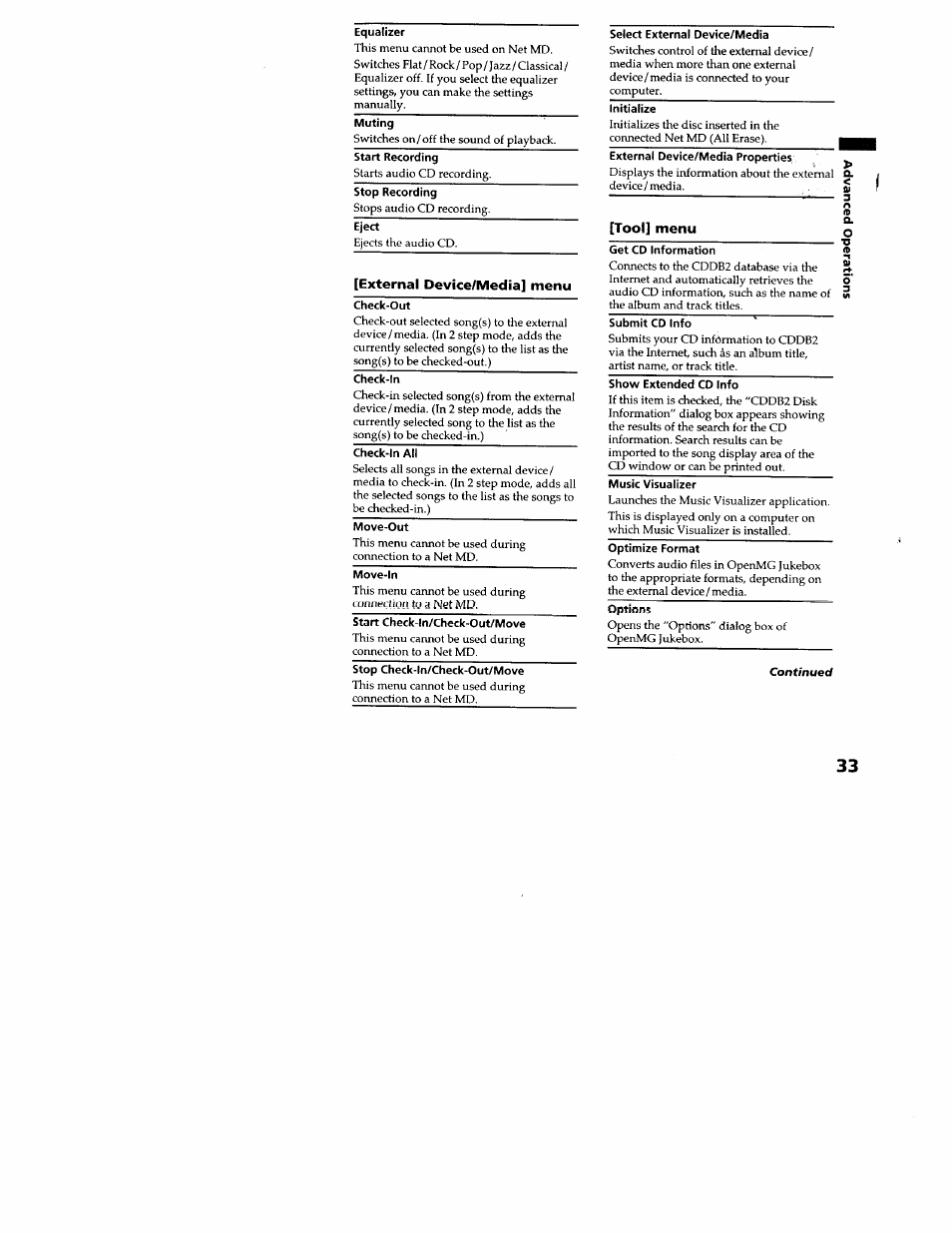 Equalizer, External device/media] menu, Check-out | Check-in, Move-out, Move-in, Select external device/media, Tool] menu, Get cd information | Sony MZ-N707 User Manual | Page 33 / 41