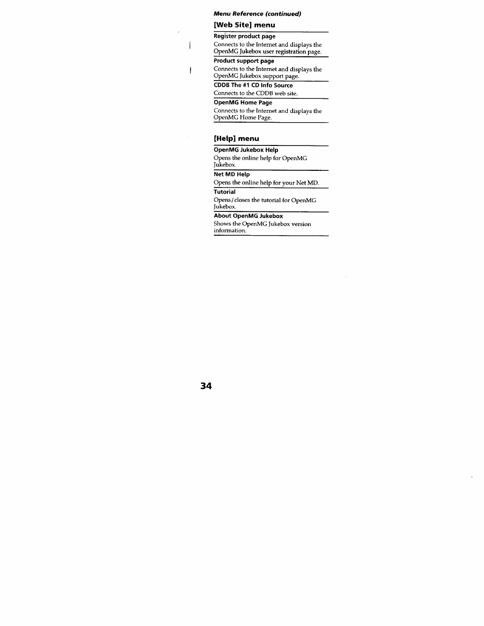 Web site] menu, Help] menu | Sony MZ-N707 User Manual | Page 34 / 41