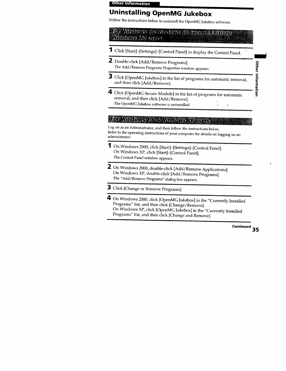 Uninstalling openmg jukebox | Sony MZ-N707 User Manual | Page 35 / 41