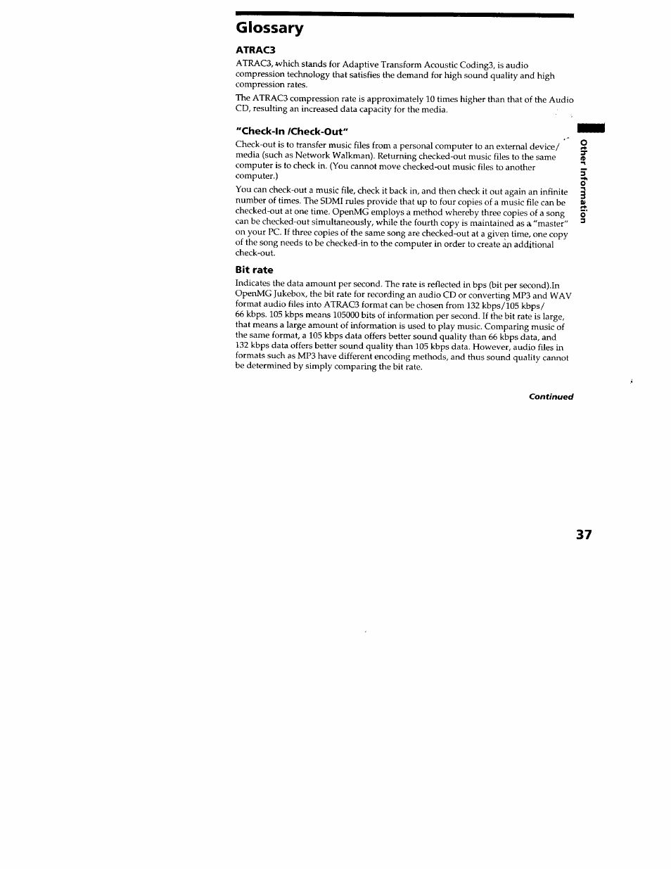 Glossary, Atrac3, Check-in /check-out | Bit rate, What is "check-in/check-out | Sony MZ-N707 User Manual | Page 37 / 41