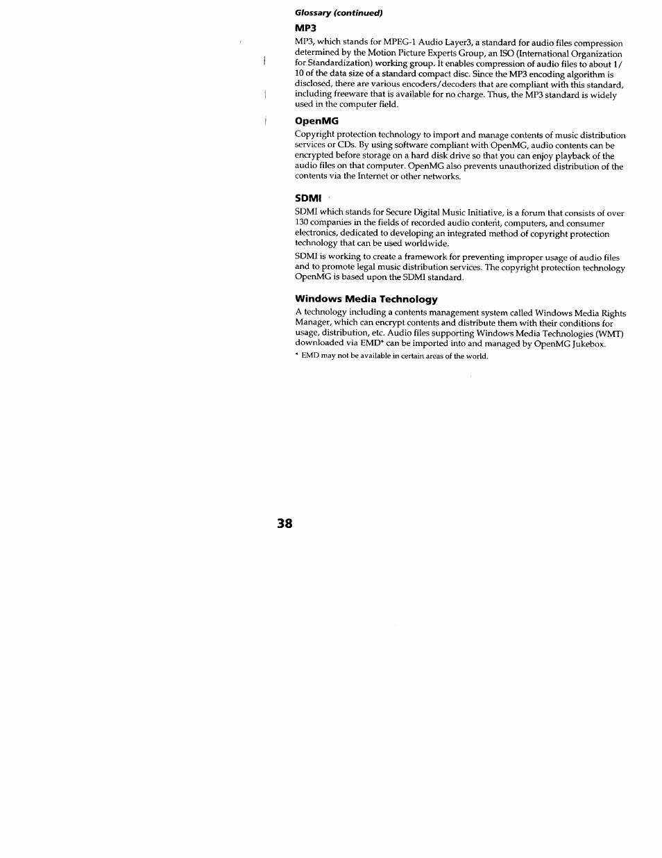 Openmg, Sdmi, Windows media technology | Sony MZ-N707 User Manual | Page 38 / 41