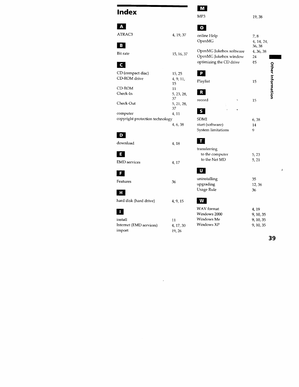 Index | Sony MZ-N707 User Manual | Page 39 / 41