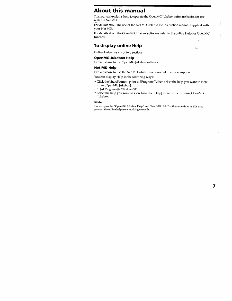 About this manual, Openmg jukebox help, Net md help | Note, Openmg jukebox | Sony MZ-N707 User Manual | Page 7 / 41