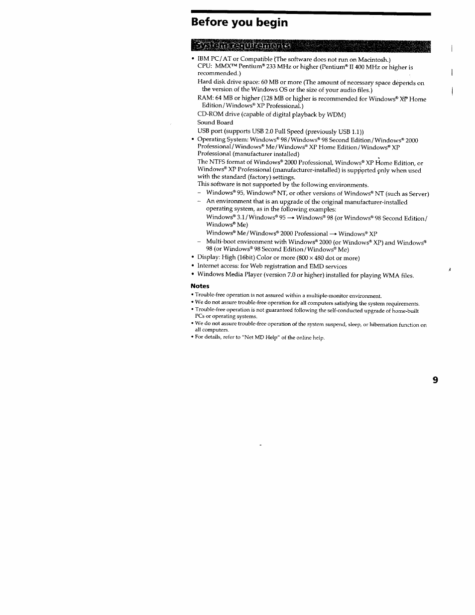 Before you begin | Sony MZ-N707 User Manual | Page 9 / 41