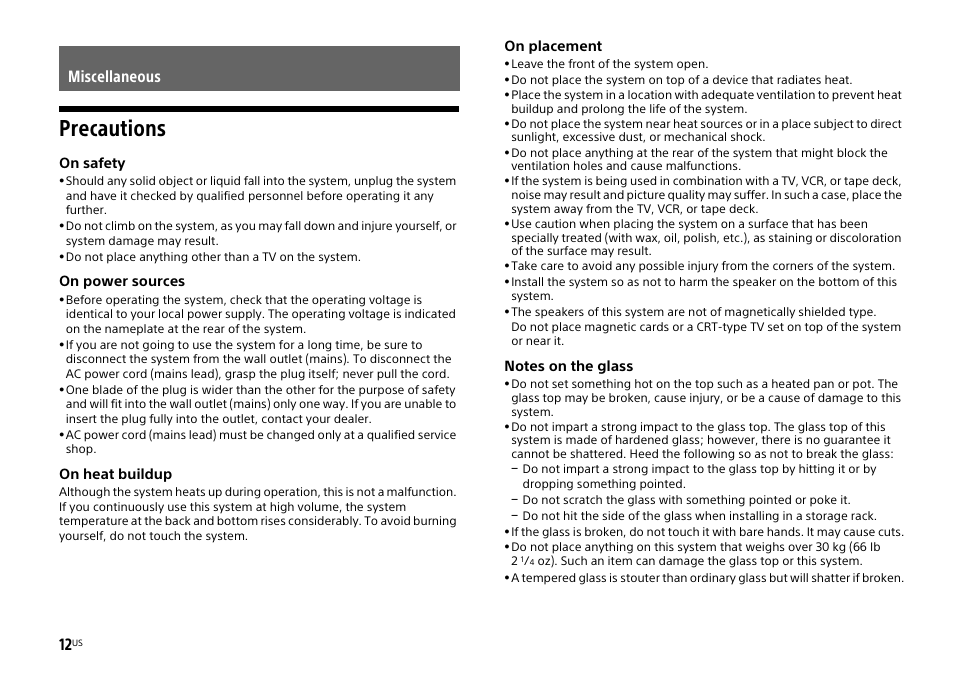 Miscellaneous, Precautions | Sony HT-XT1 User Manual | Page 12 / 72