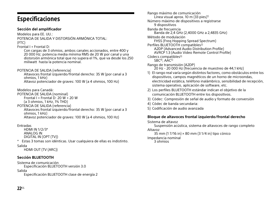 Especificaciones | Sony HT-XT1 User Manual | Page 68 / 72