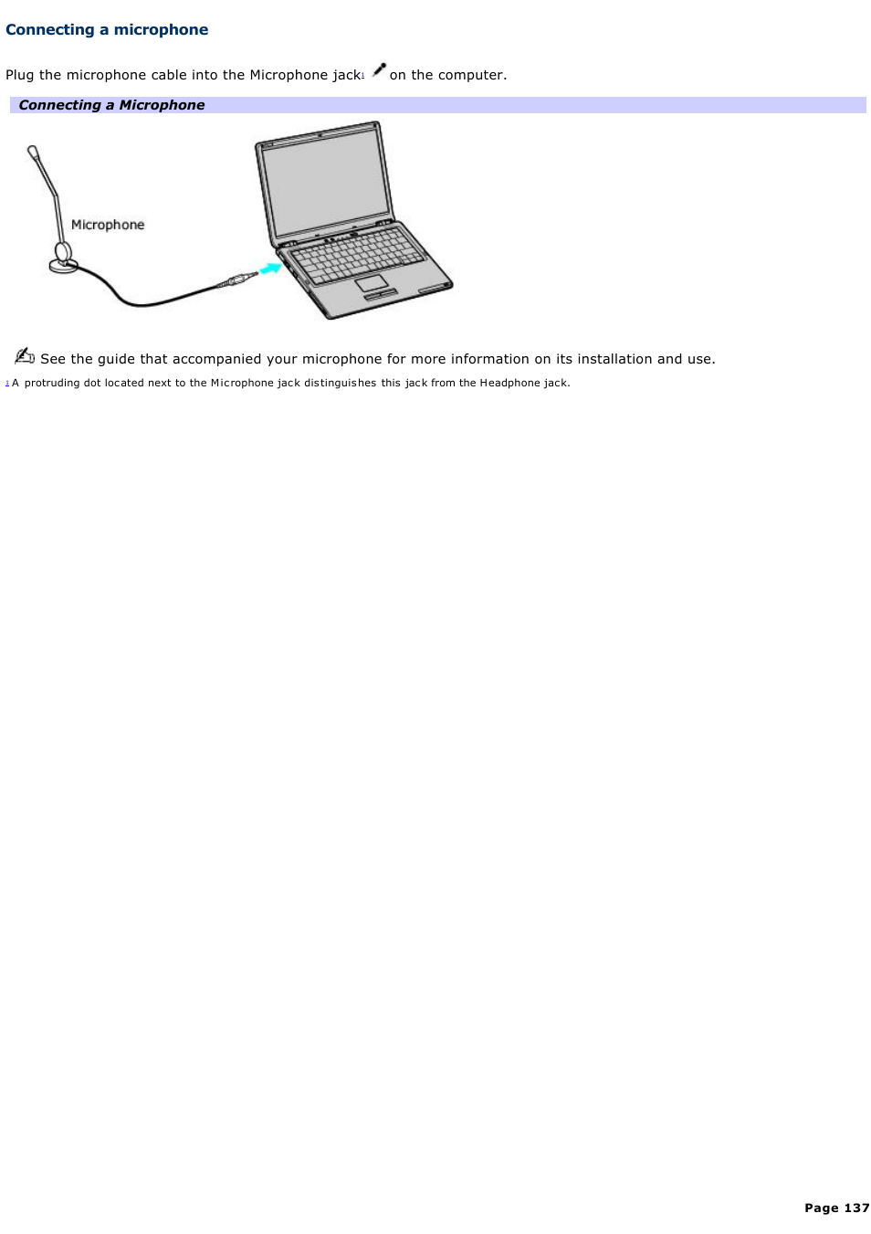 Connecting a microphone | Sony VGN-S170B User Manual | Page 137 / 228