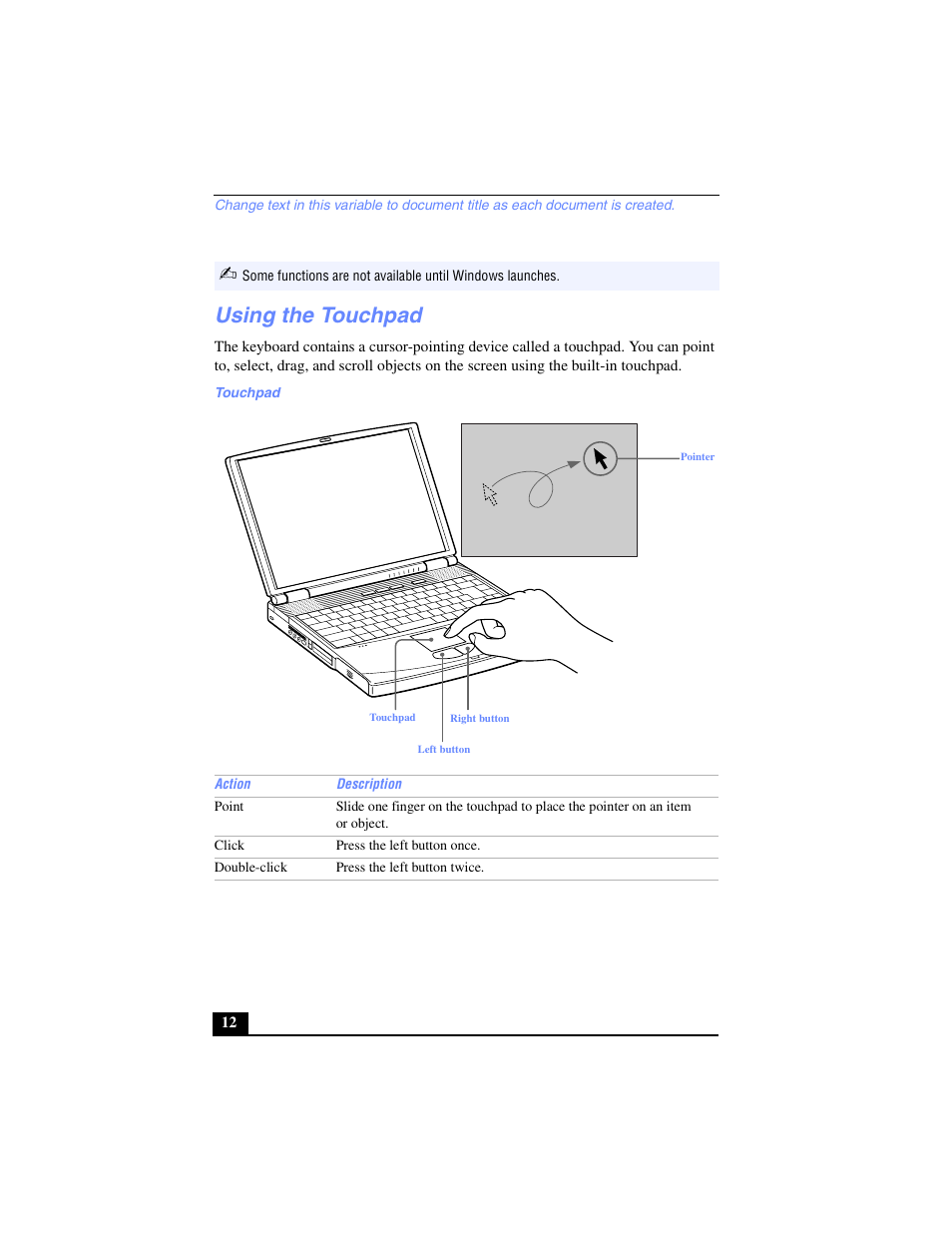 Using the touchpad | Sony PCG-FX220K User Manual | Page 12 / 138