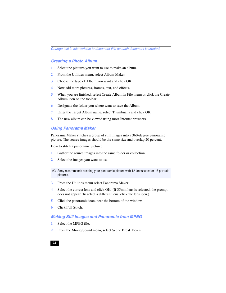 Creating a photo album, Using panorama maker, Making still images and panoramic from mpeg | Sony PCG-FX220K User Manual | Page 74 / 138