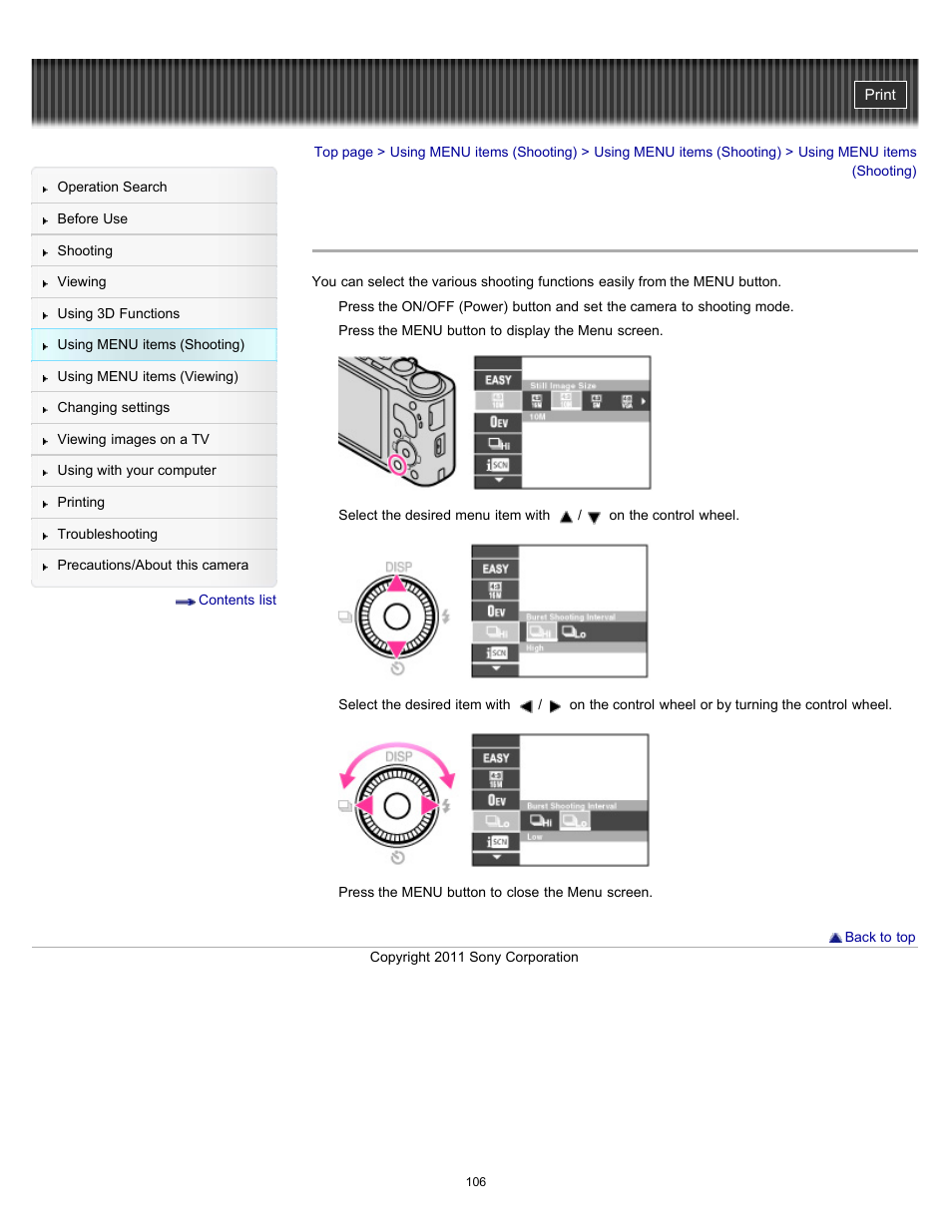 Using menu items (shooting) | Sony DSC-HX9V User Manual | Page 106 / 289