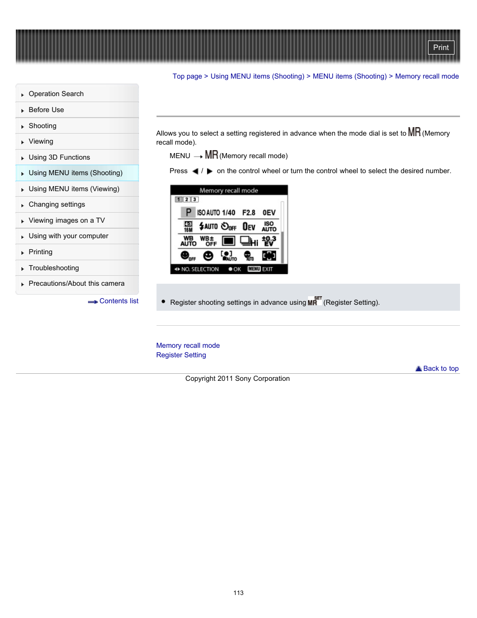 Memory recall mode | Sony DSC-HX9V User Manual | Page 113 / 289
