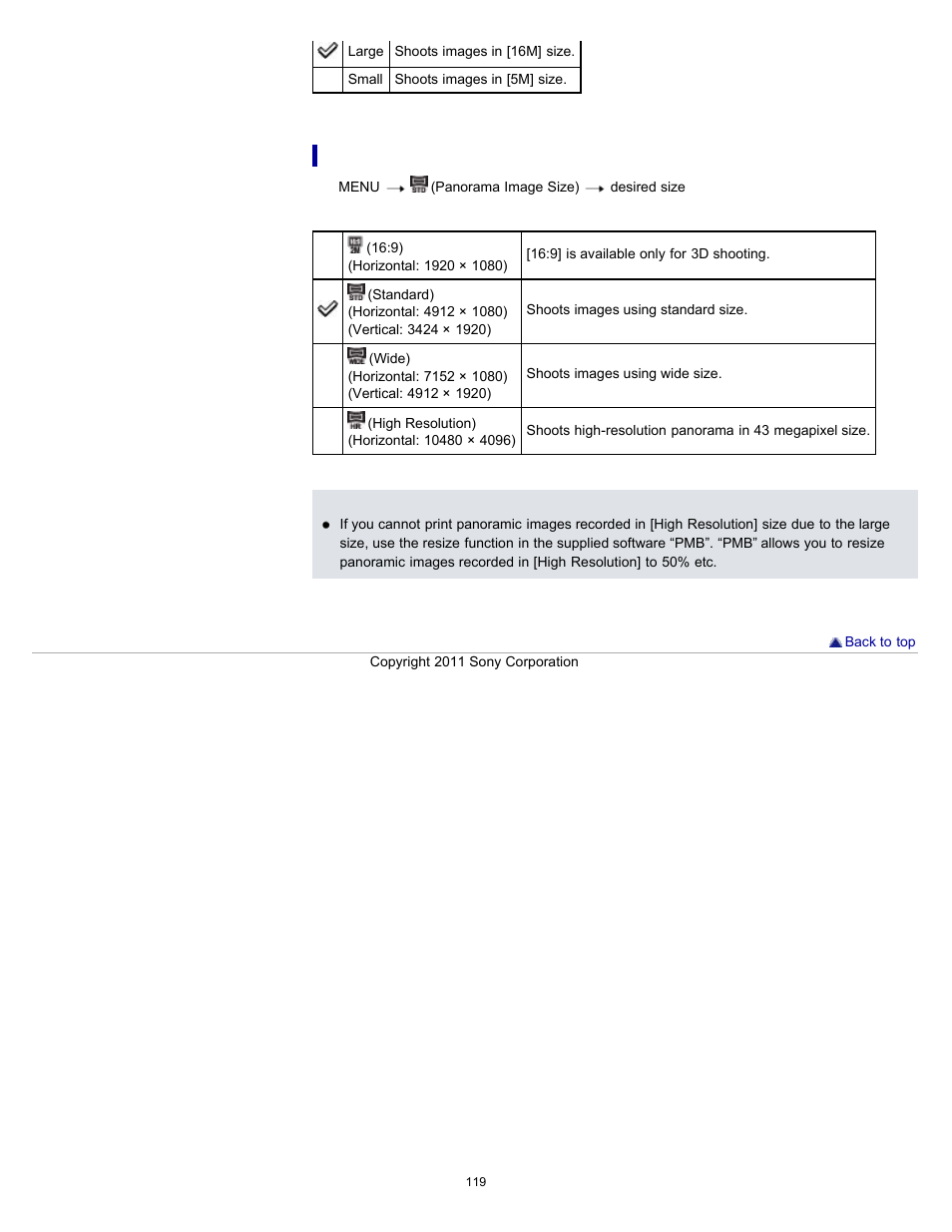 Image size when shooting sweep panorama | Sony DSC-HX9V User Manual | Page 119 / 289