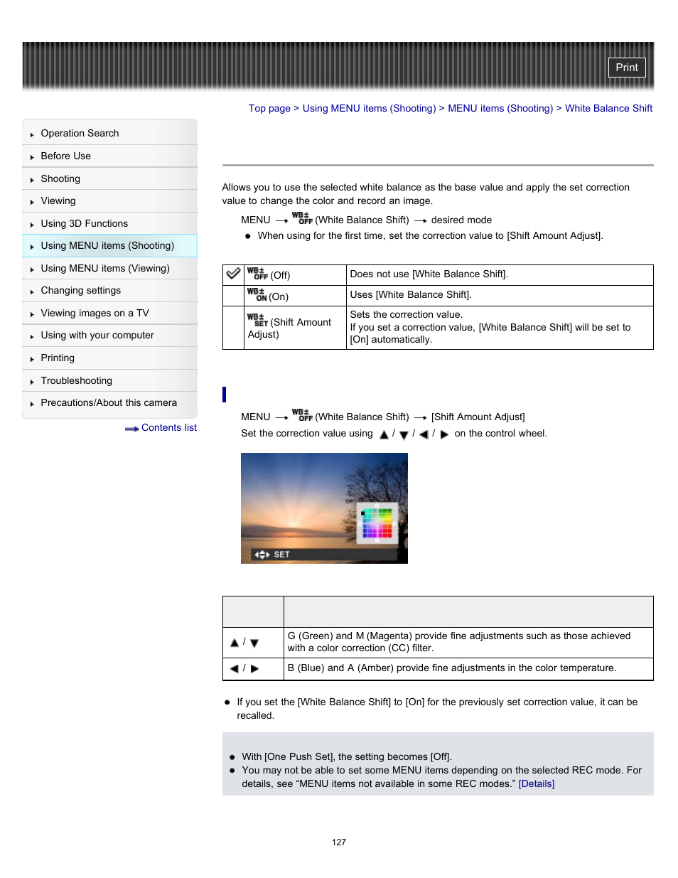 White balance shift | Sony DSC-HX9V User Manual | Page 127 / 289