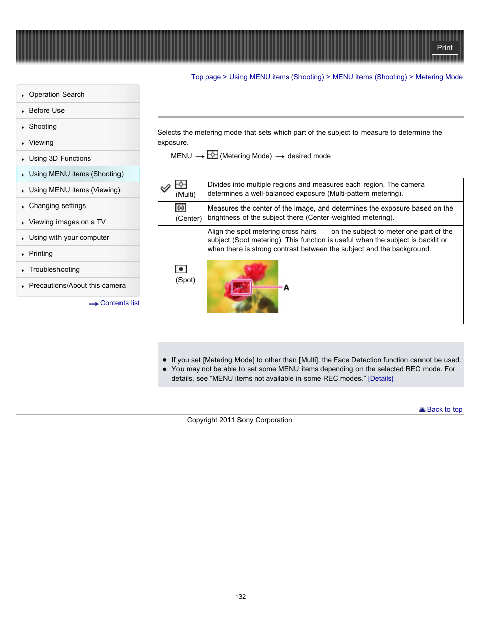 Metering mode | Sony DSC-HX9V User Manual | Page 132 / 289