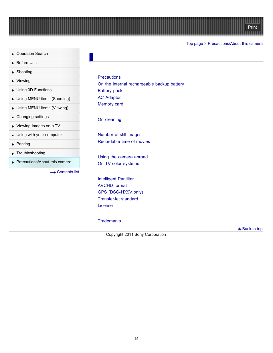 Precautions/about this camera | Sony DSC-HX9V User Manual | Page 15 / 289