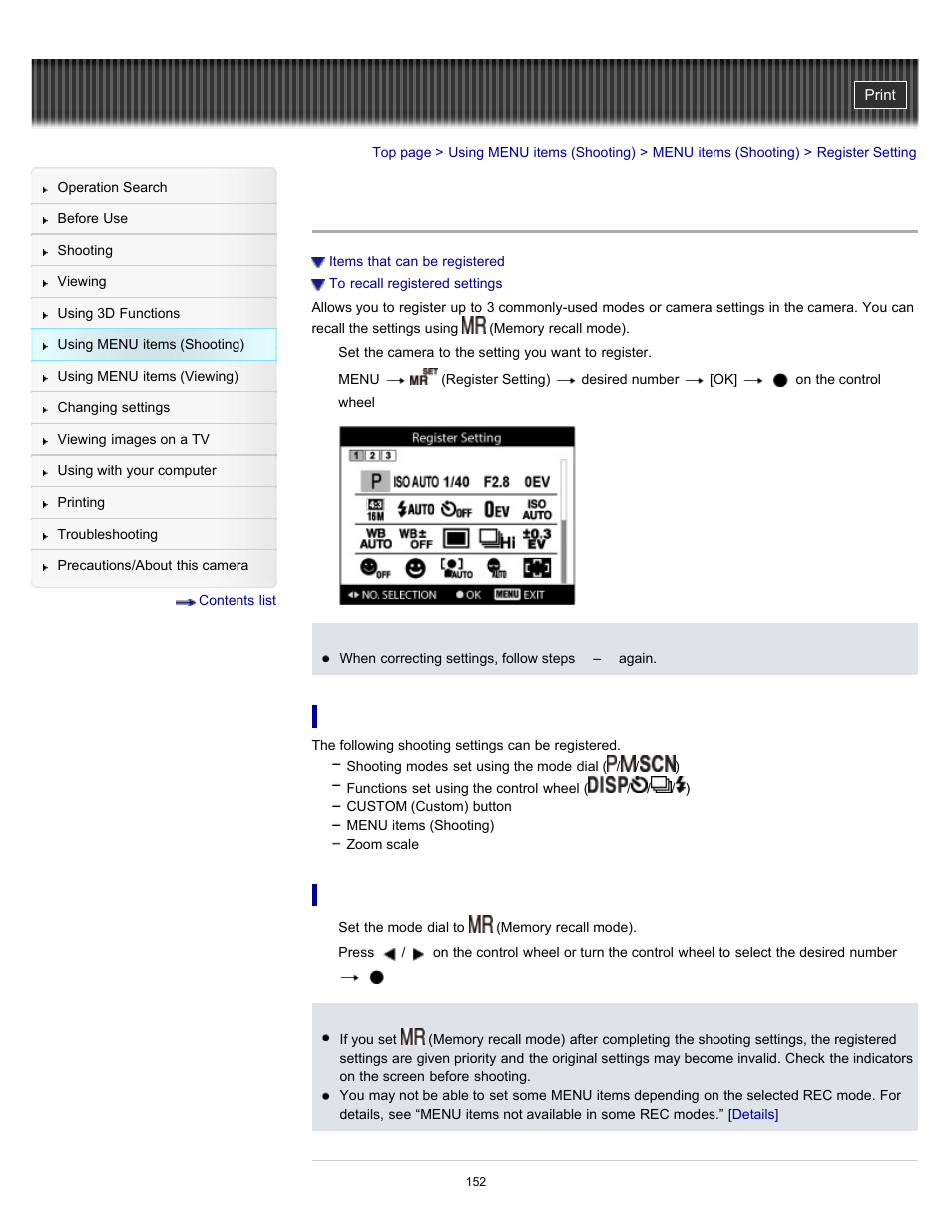 Register setting, Details | Sony DSC-HX9V User Manual | Page 152 / 289