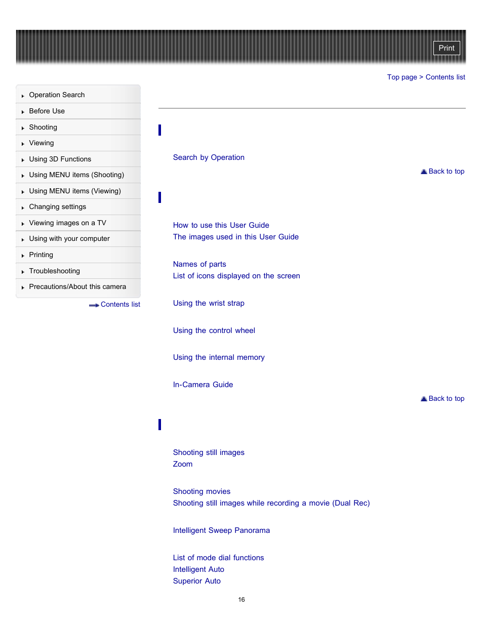 Contents list | Sony DSC-HX9V User Manual | Page 16 / 289