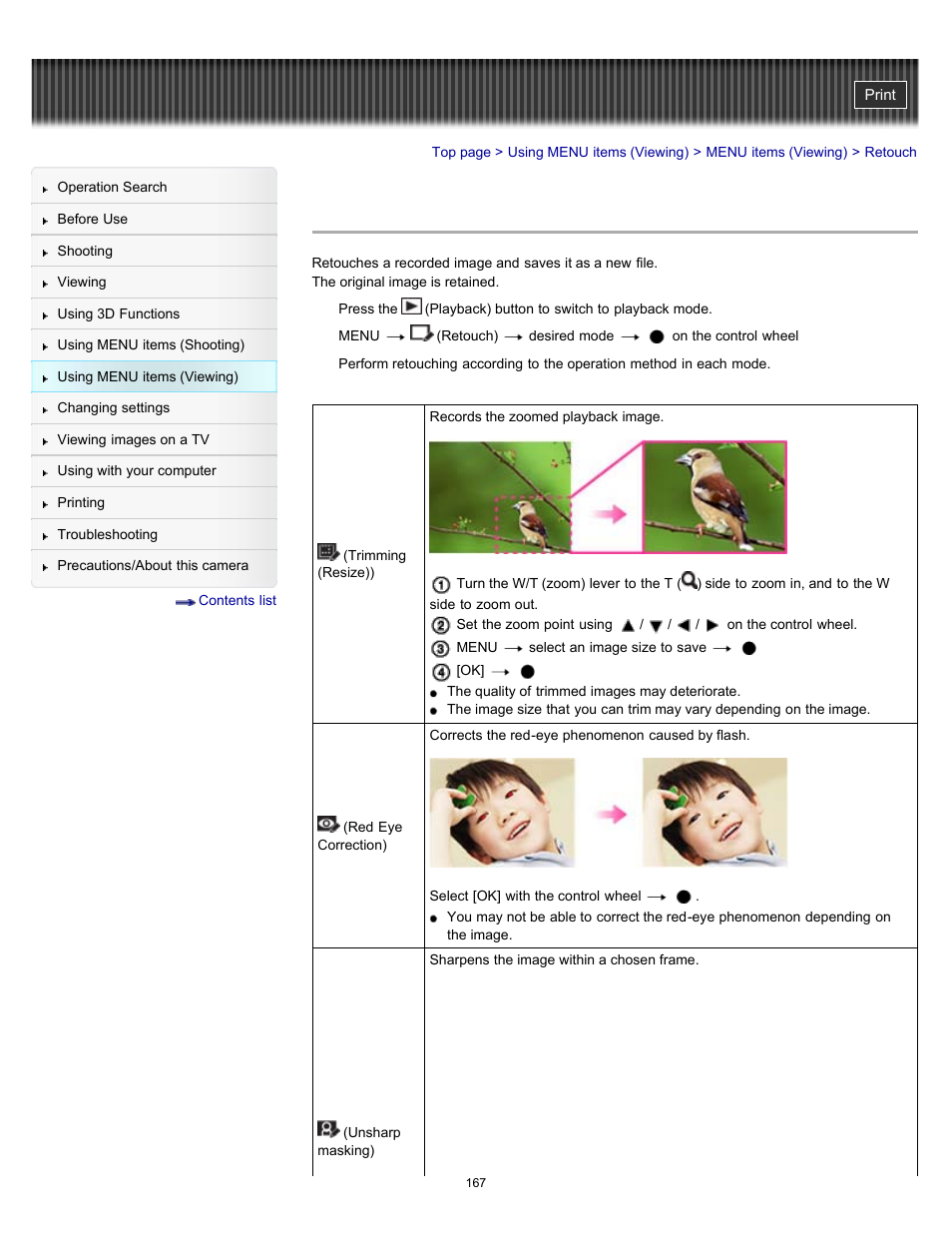 Retouch, Trimming (resize)) | Sony DSC-HX9V User Manual | Page 167 / 289