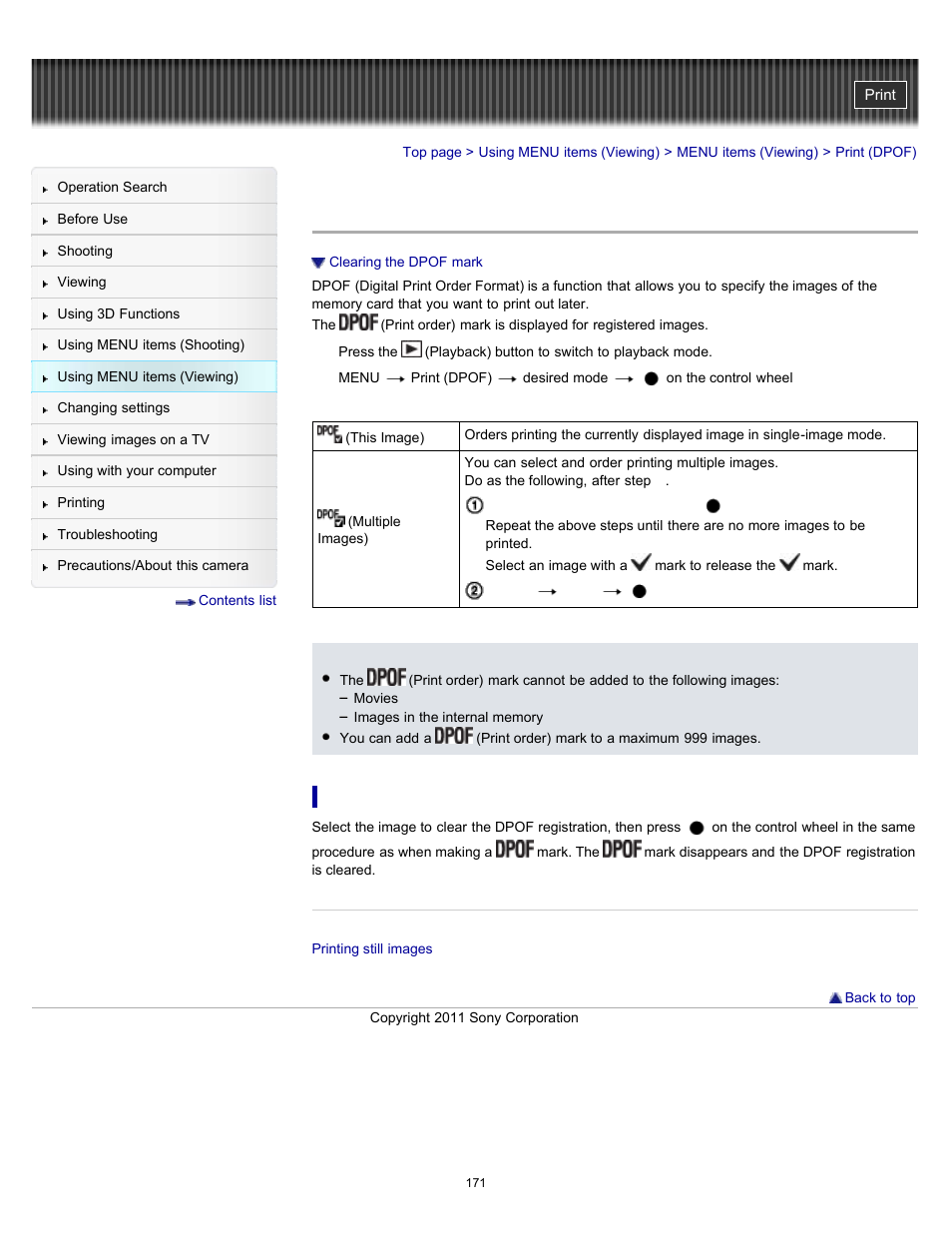 Print (dpof) | Sony DSC-HX9V User Manual | Page 171 / 289