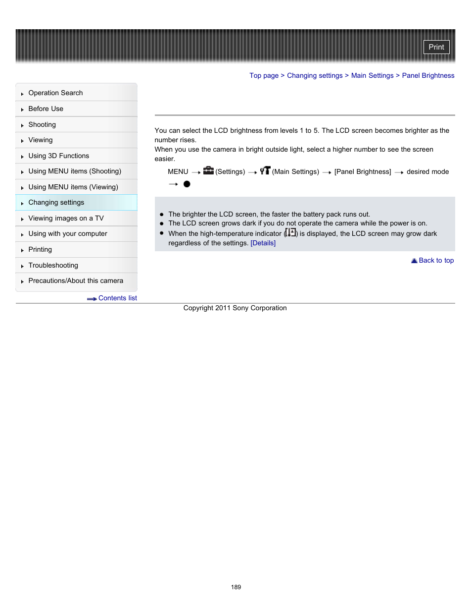 Panel brightness | Sony DSC-HX9V User Manual | Page 189 / 289