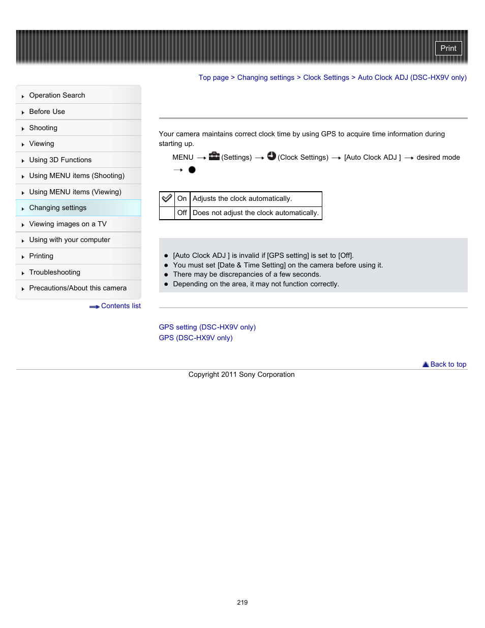 Auto clock adj (dsc-hx9v only) | Sony DSC-HX9V User Manual | Page 219 / 289