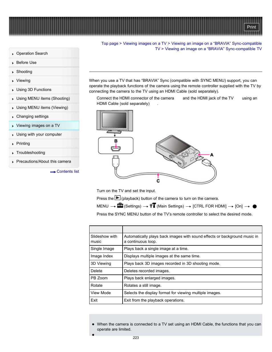Viewing an image on a “bravia” sync-compatible tv, Details | Sony DSC-HX9V User Manual | Page 223 / 289