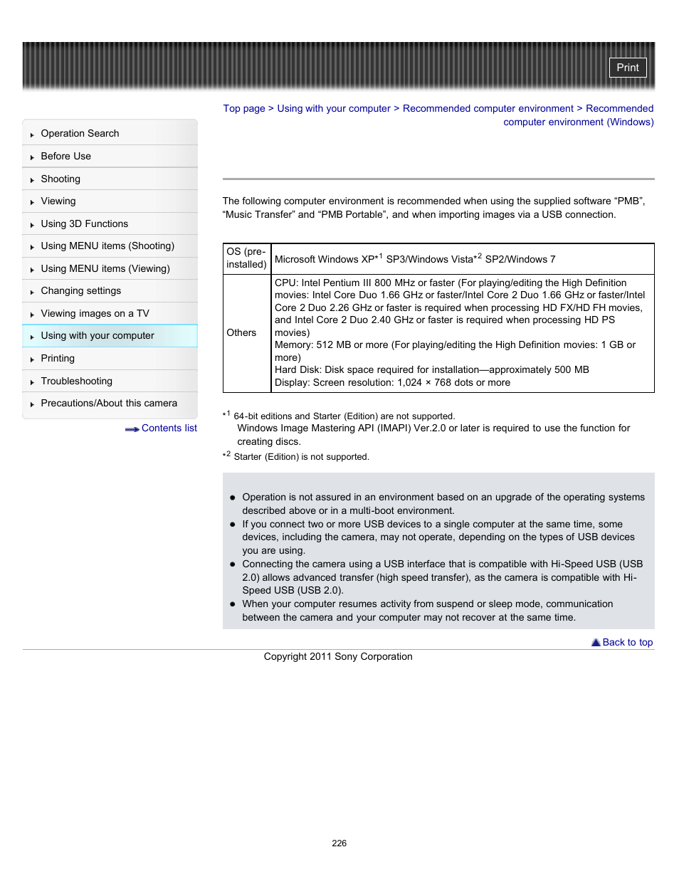 Recommended computer environment (windows) | Sony DSC-HX9V User Manual | Page 226 / 289