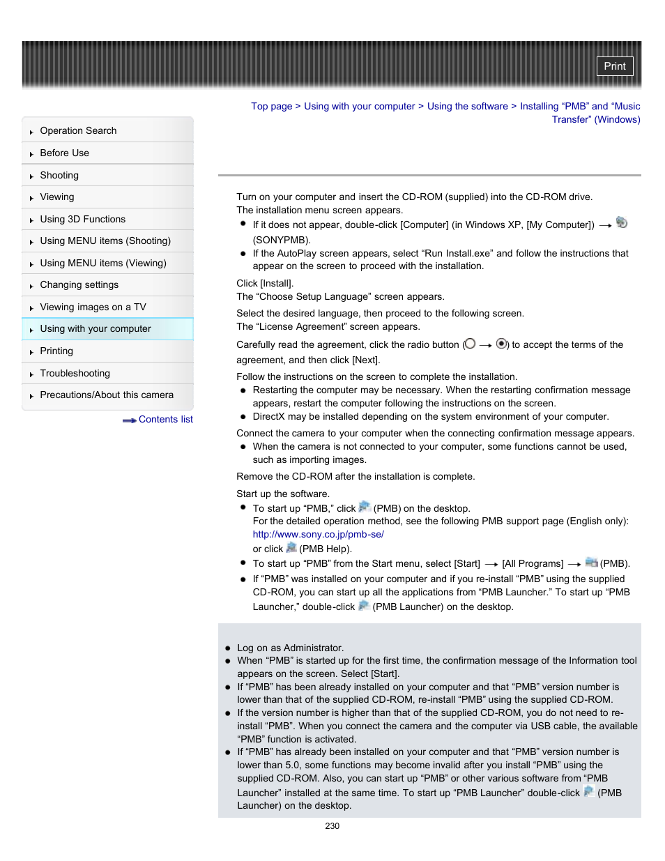 Installing “pmb” and “music transfer” (windows) | Sony DSC-HX9V User Manual | Page 230 / 289