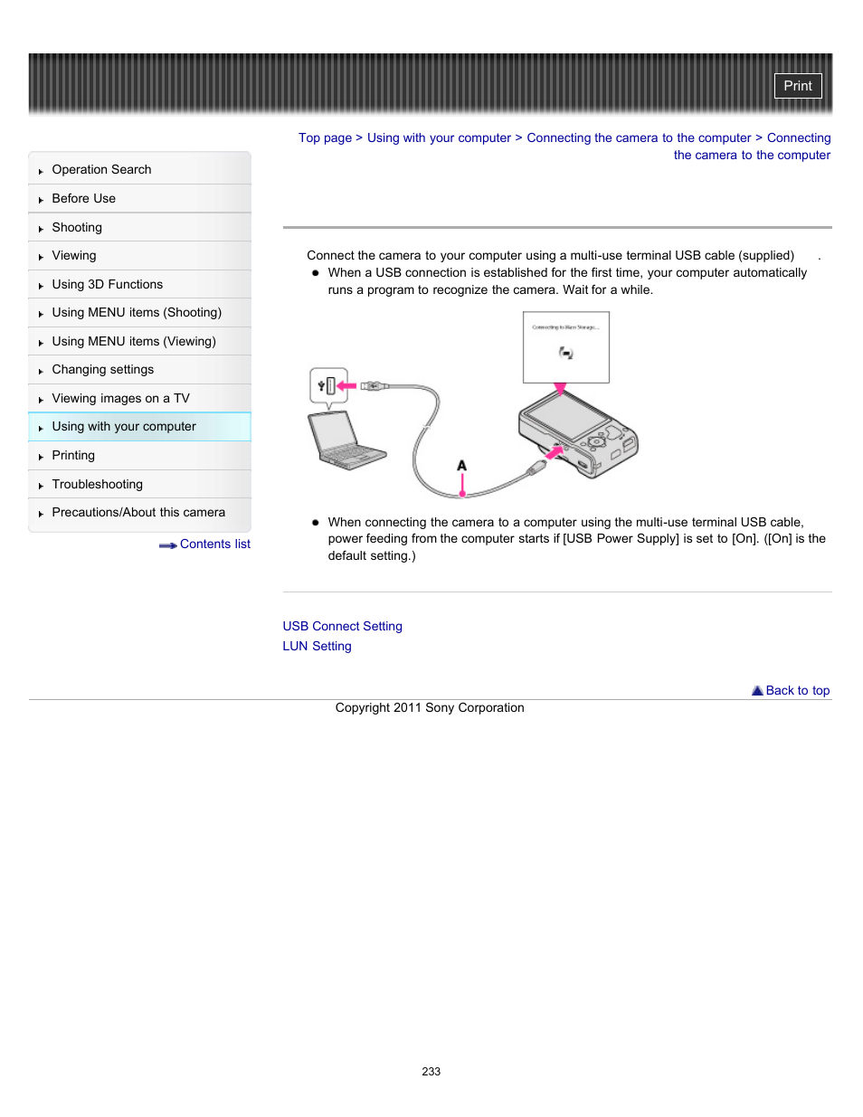 Connecting the camera to the computer | Sony DSC-HX9V User Manual | Page 233 / 289