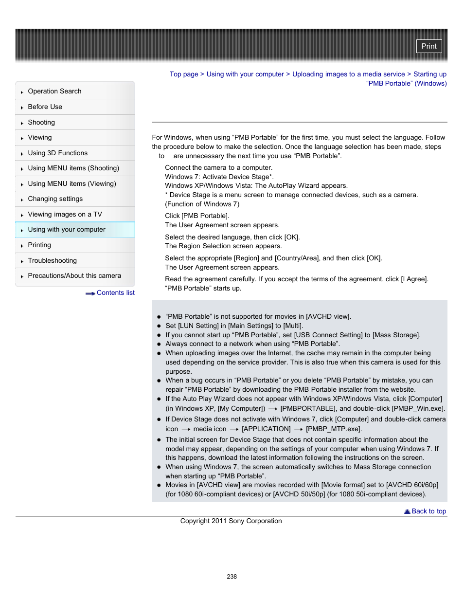 Starting up “pmb portable” (windows) | Sony DSC-HX9V User Manual | Page 238 / 289