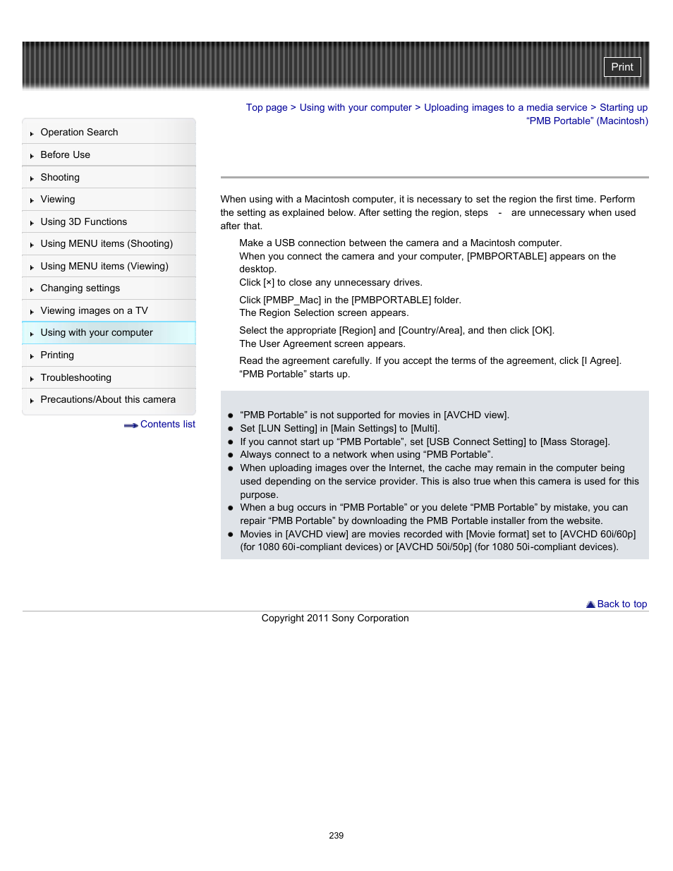 Starting up “pmb portable” (macintosh) | Sony DSC-HX9V User Manual | Page 239 / 289