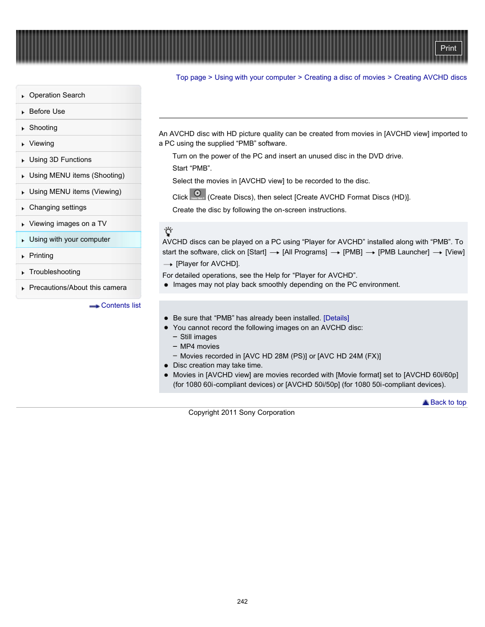 Creating avchd discs | Sony DSC-HX9V User Manual | Page 242 / 289