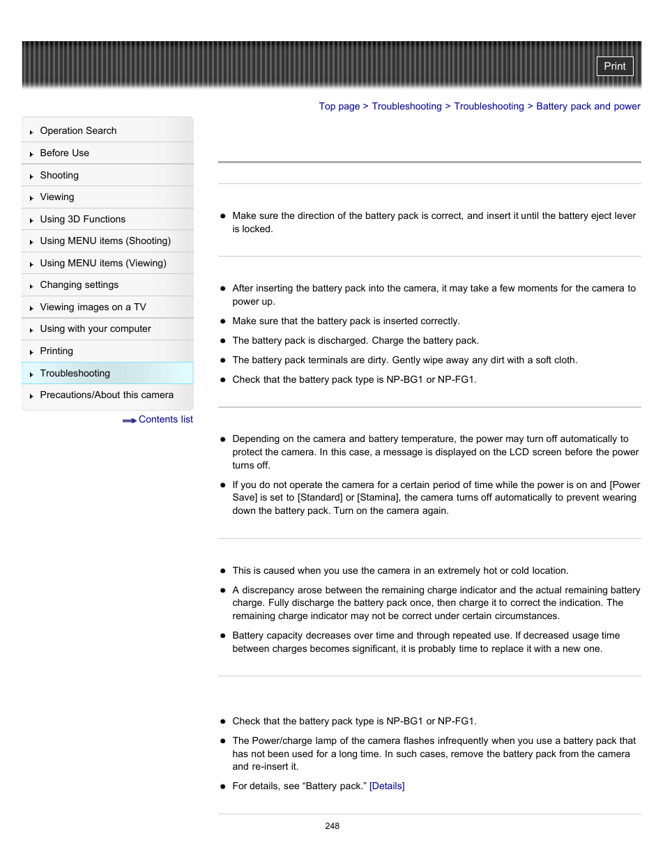 Battery pack and power | Sony DSC-HX9V User Manual | Page 248 / 289