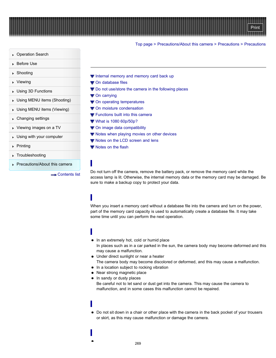 Precautions | Sony DSC-HX9V User Manual | Page 269 / 289