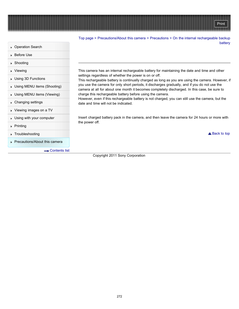 On the internal rechargeable backup battery | Sony DSC-HX9V User Manual | Page 272 / 289