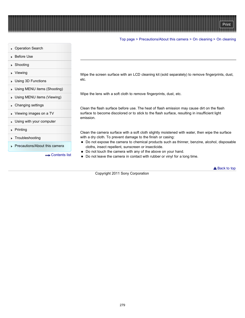 On cleaning | Sony DSC-HX9V User Manual | Page 279 / 289
