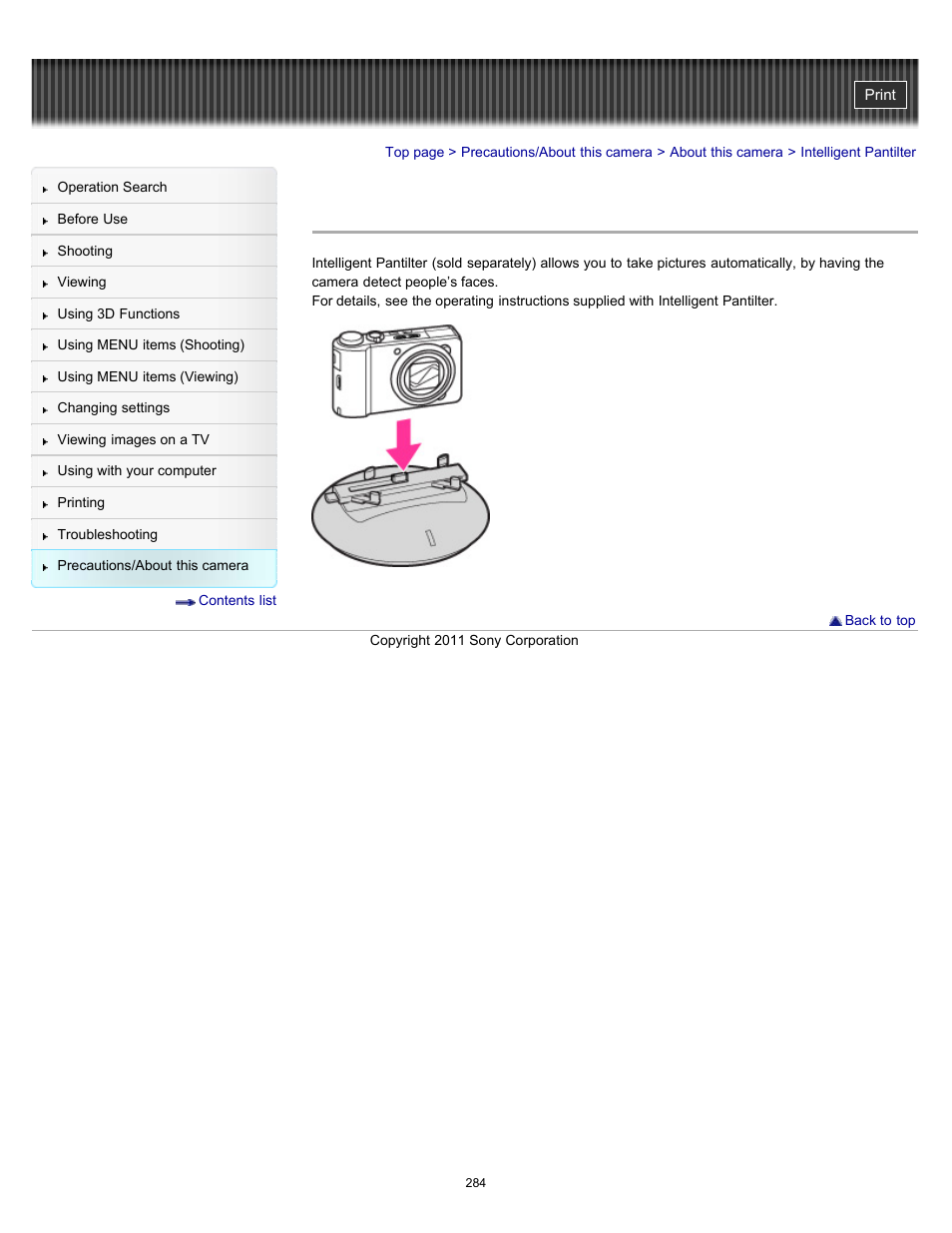 Intelligent pantilter | Sony DSC-HX9V User Manual | Page 284 / 289